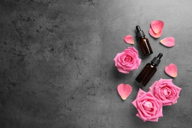 Fresh flowers, petals and bottles of rose essential oil on gray background, flat lay. Space for text