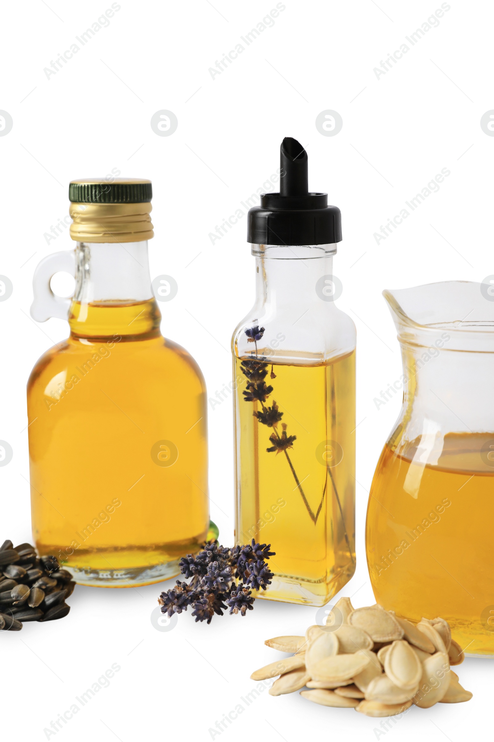 Photo of Different cooking oils and ingredients on white background