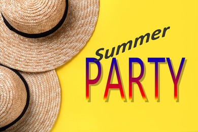 Image of Stylish hats on yellow background, flat lay. Summer Party