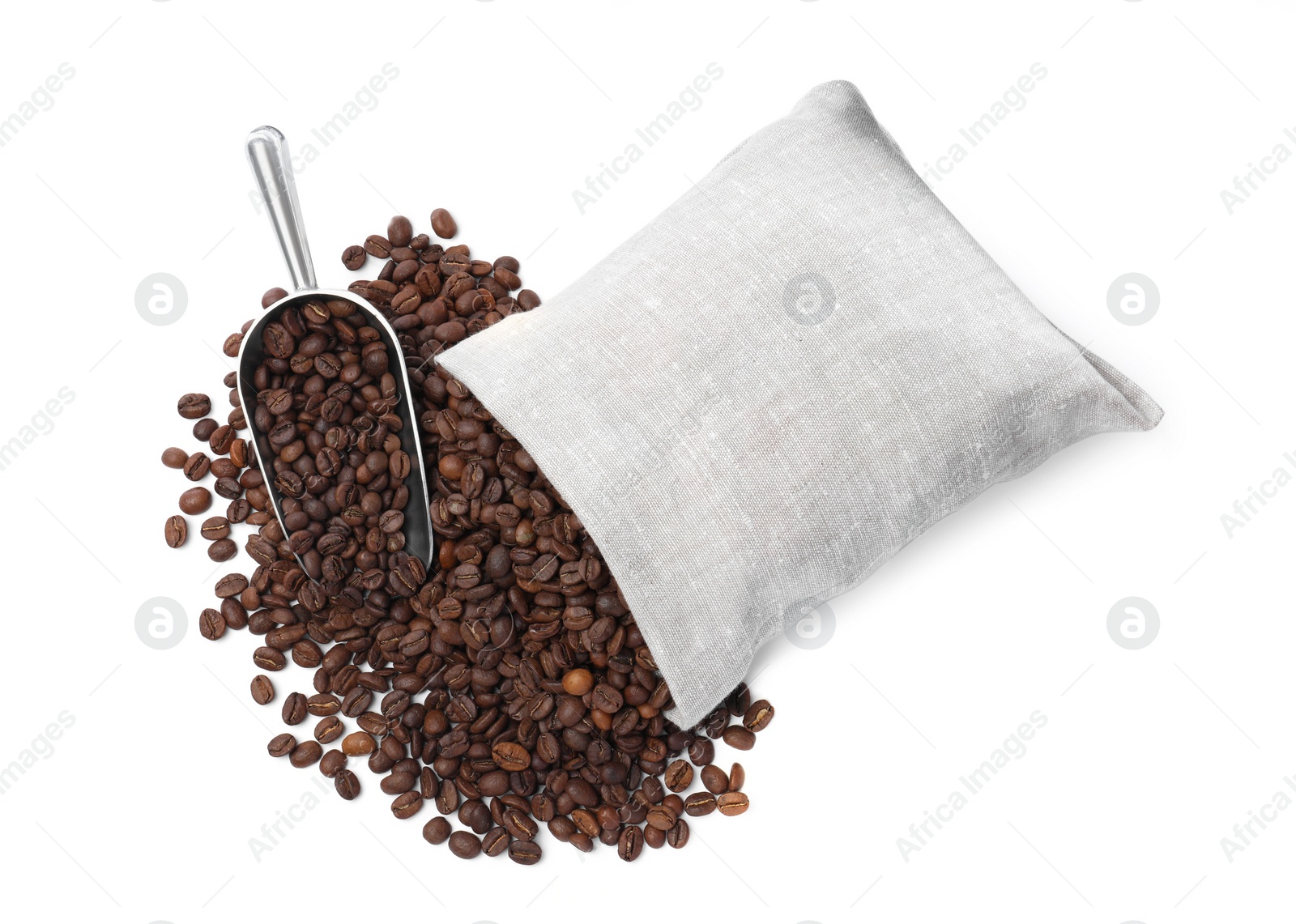 Photo of Sack and roasted coffee beans on white background, top view