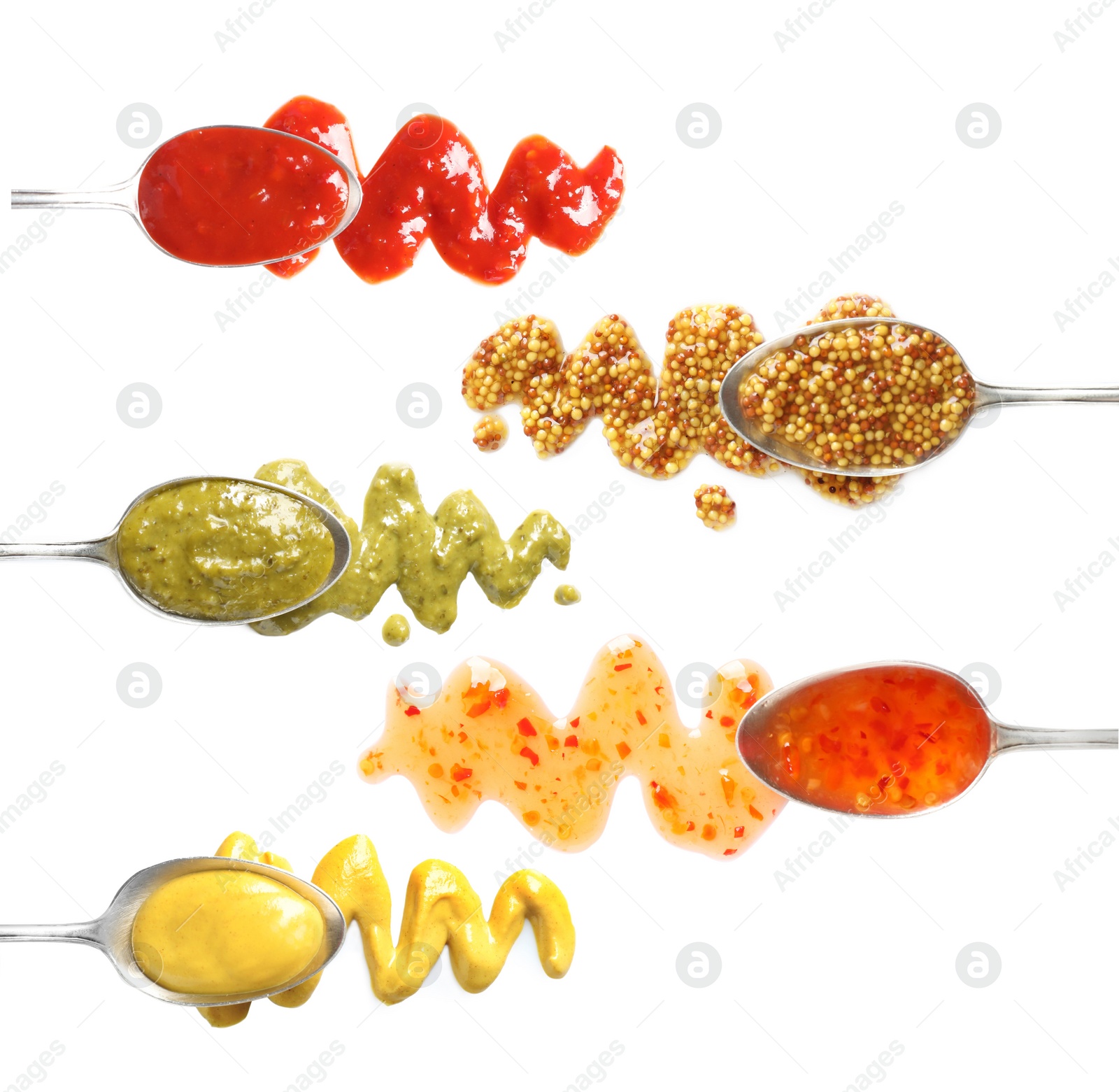 Image of Set of spoons with different delicious sauces on white background, top view