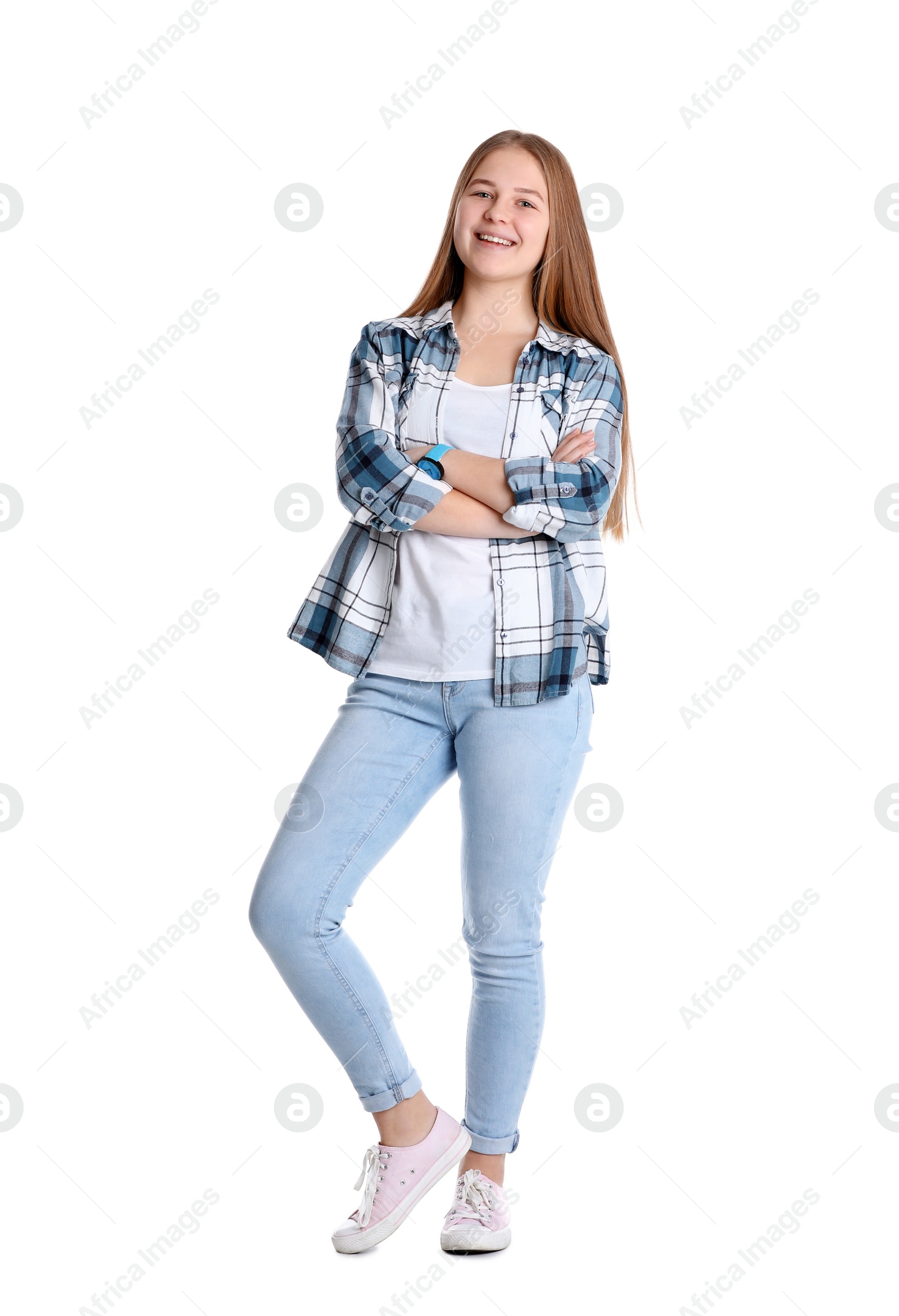Photo of Portrait of pretty teenage girl on white background