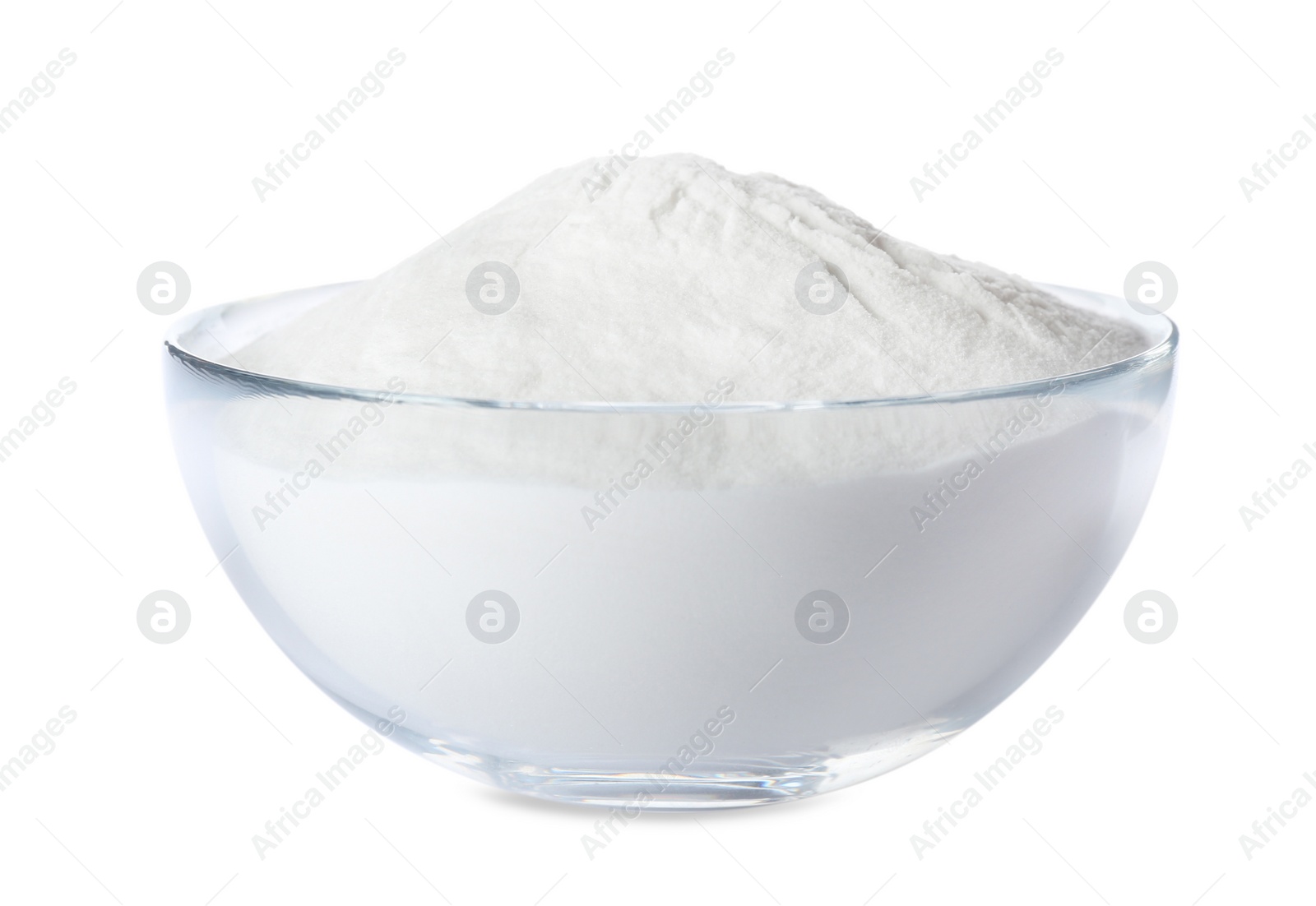 Photo of Baking soda in glass bowl isolated on white