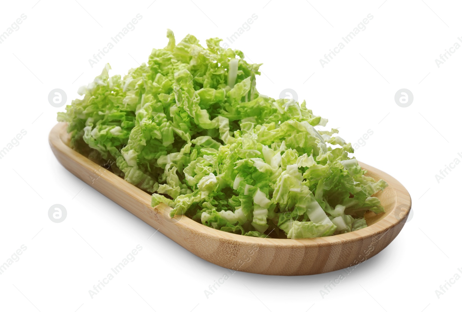 Photo of Wooden board with pile of chopped Chinese cabbage on white background