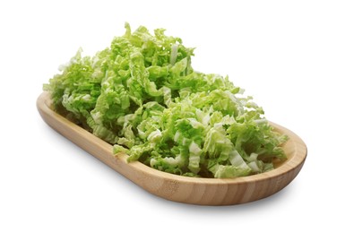 Photo of Wooden board with pile of chopped Chinese cabbage on white background
