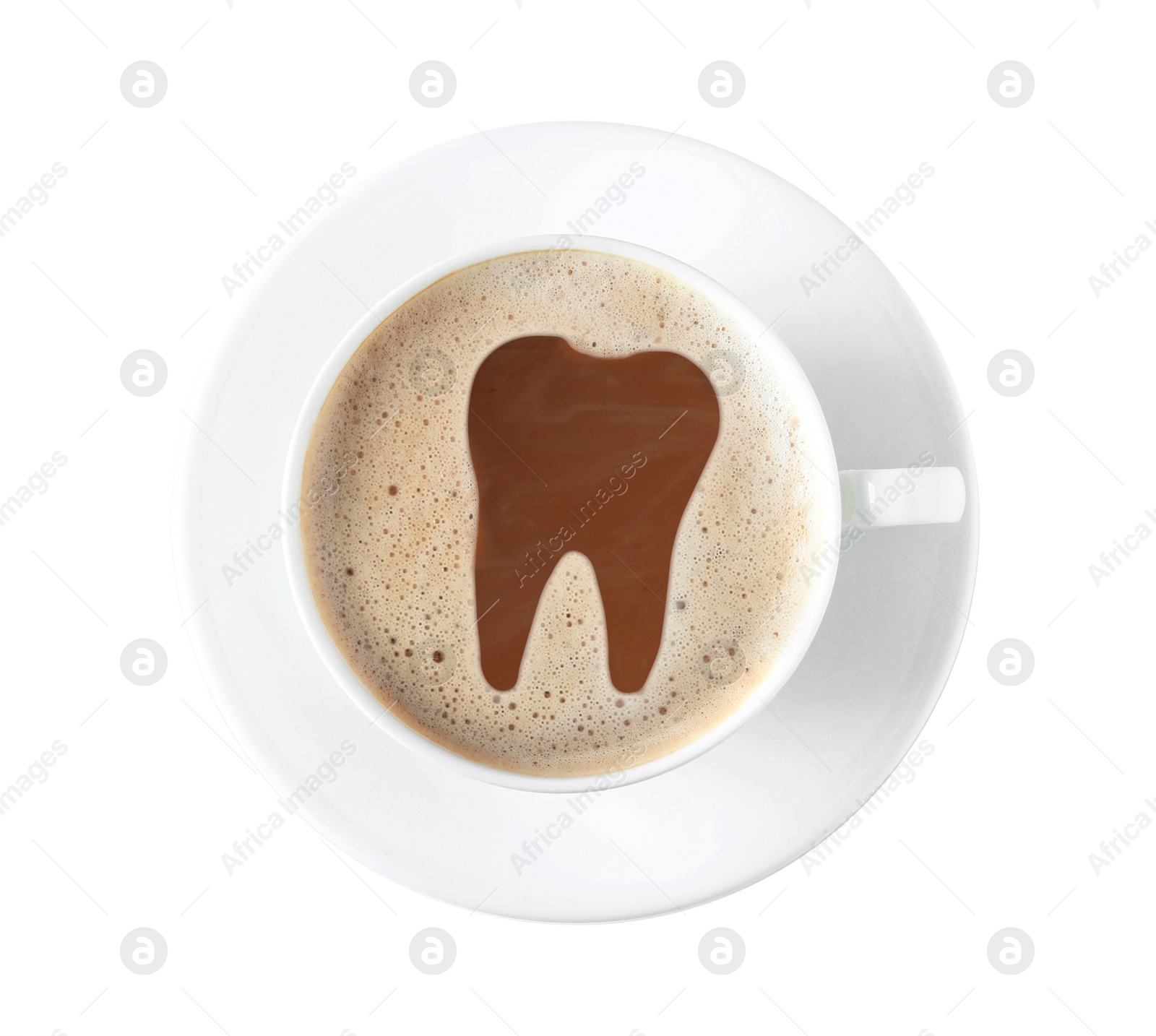 Image of Coffee causing dental problem. Cup of hot drink on white background, top view