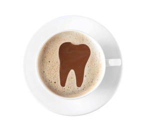 Coffee causing dental problem. Cup of hot drink on white background, top view