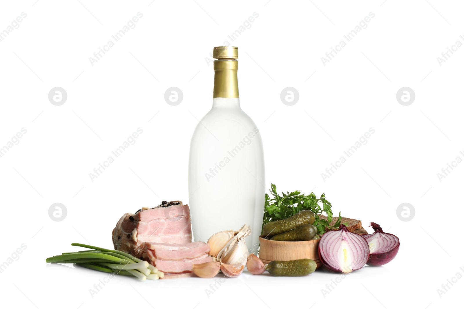 Photo of Russian vodka and different appetizers isolated on white