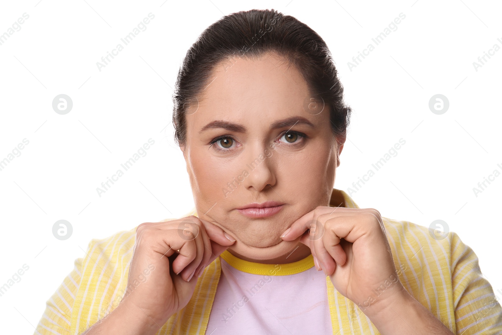 Photo of Woman with double chin on white background