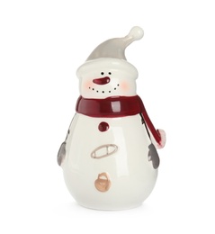 Funny ceramic snowman isolated on white. Christmas decoration