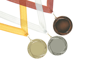 Gold, silver and bronze medals isolated on white. Space for design