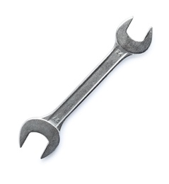 New wrench on white background, top view. Plumber tools