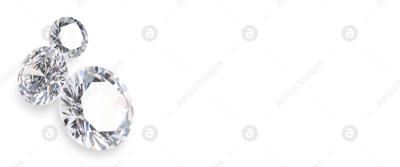 Image of Beautiful dazzling diamonds on white background, banner design. Space for text