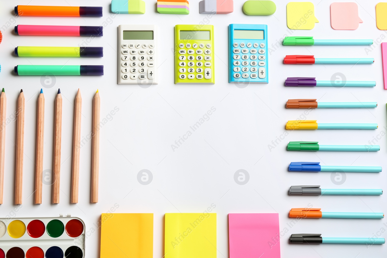 Photo of Frame made of school stationery on white background, flat lay with space for text. Back to school