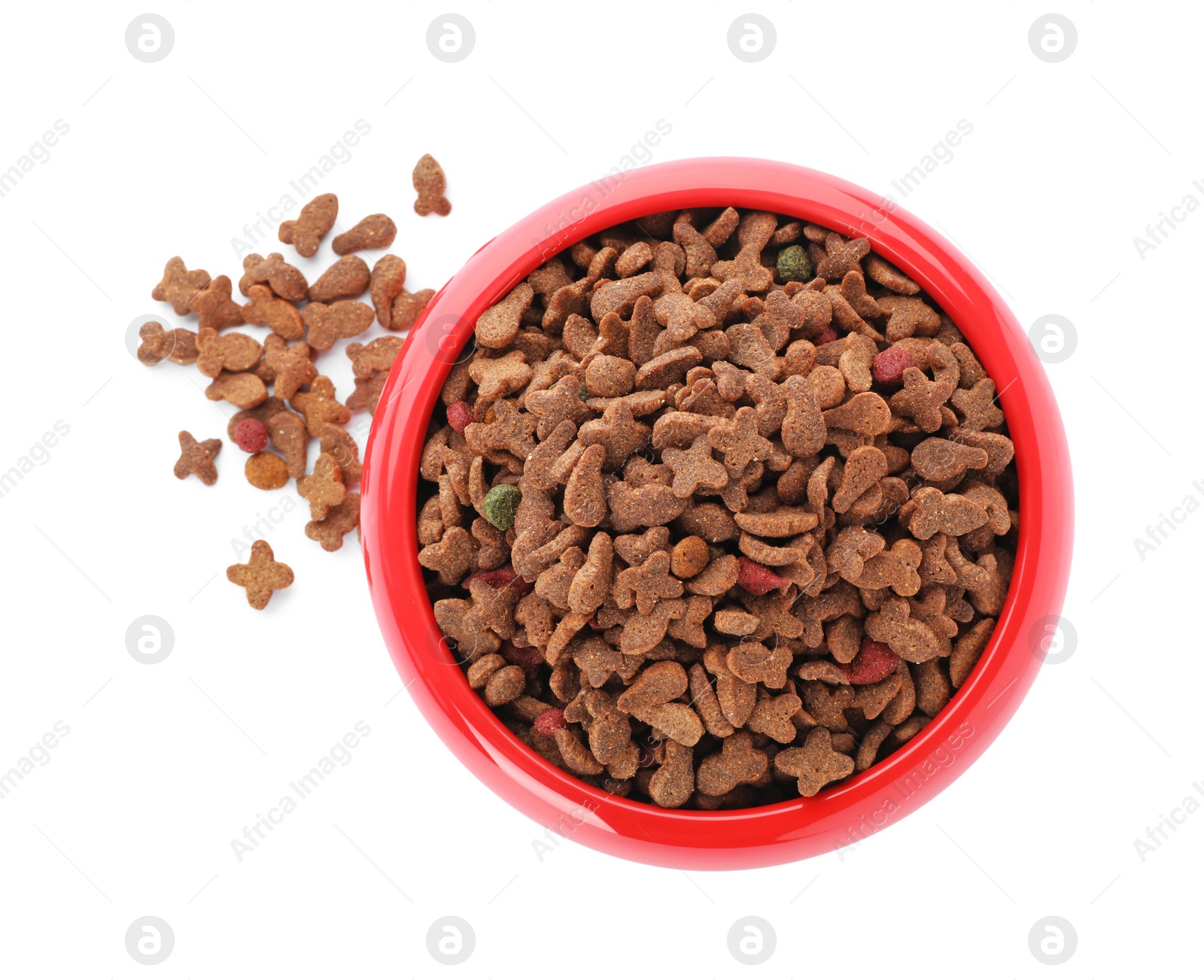 Photo of Bowl of dry pet food on white background, top view