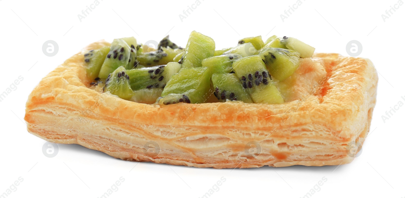 Photo of Fresh tasty puff pastry with kiwi isolated on white