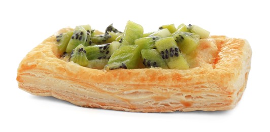 Photo of Fresh tasty puff pastry with kiwi isolated on white
