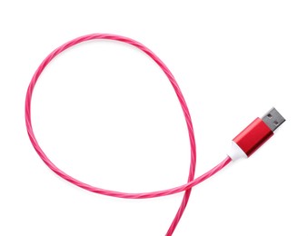 Photo of Type A connector of red USB cable isolated on white, top view