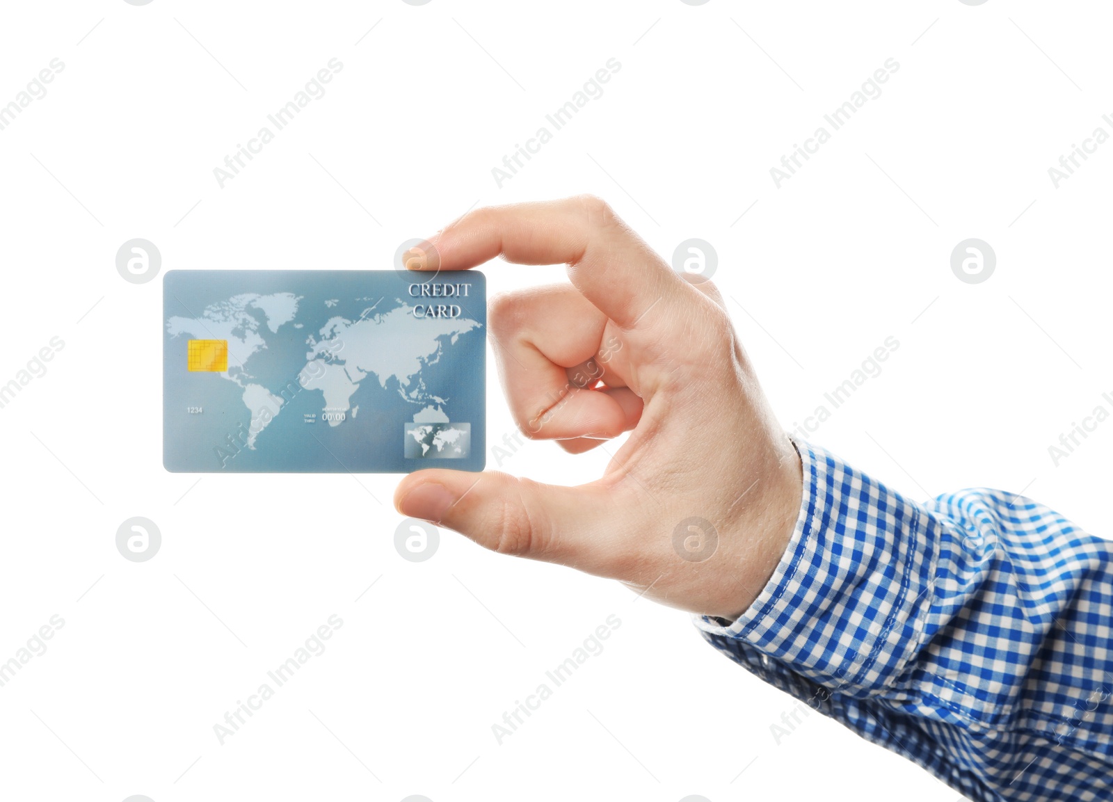 Photo of Young man holding credit card on white background