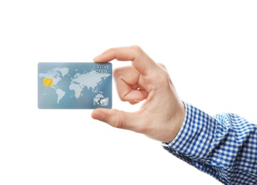 Photo of Young man holding credit card on white background