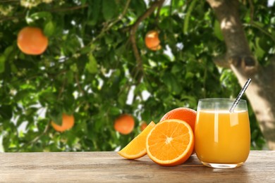 Image of Fresh orange juice on wooden table in orchard. Space for text