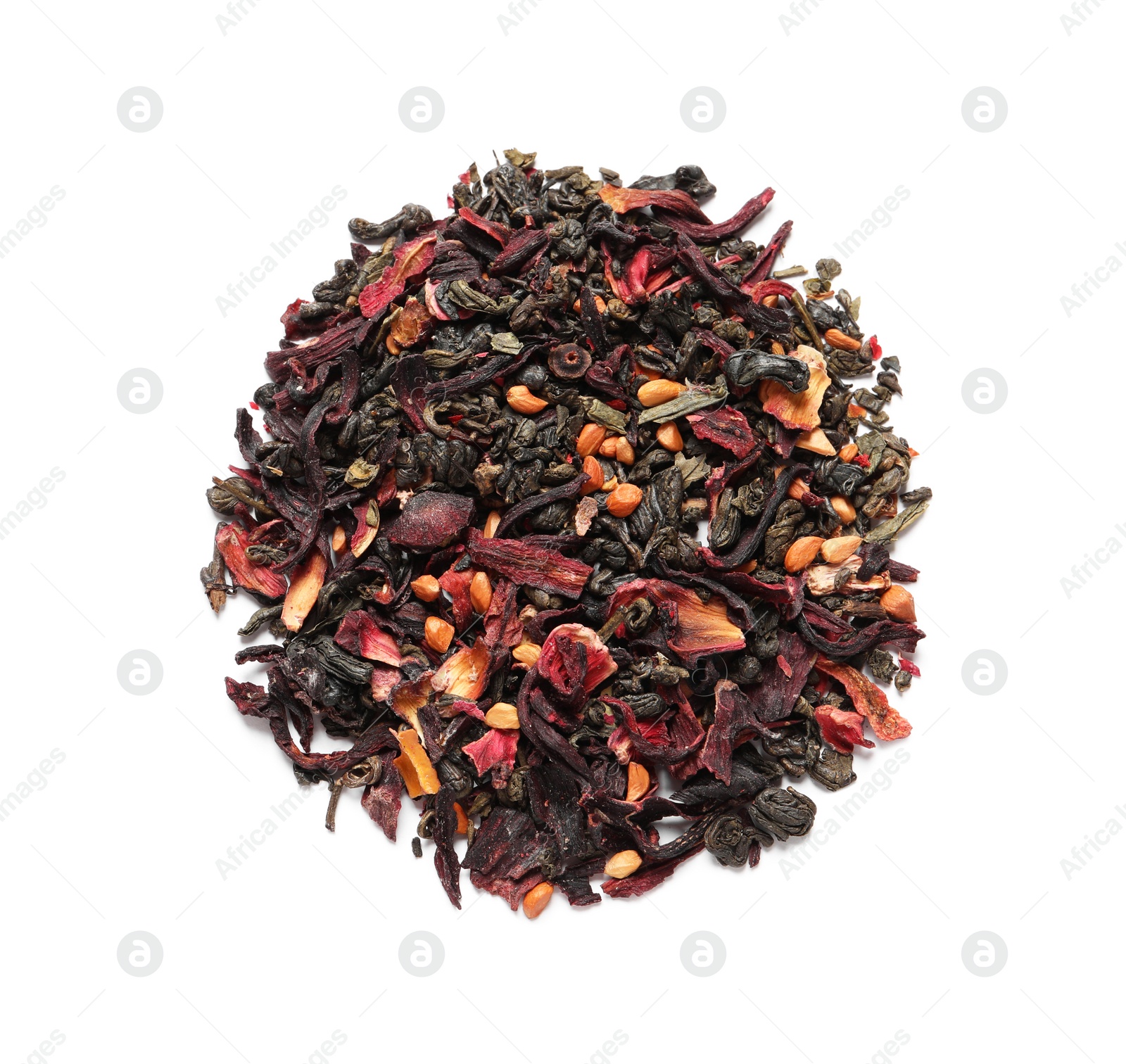 Photo of Pile of herbal tea isolated on white, top view