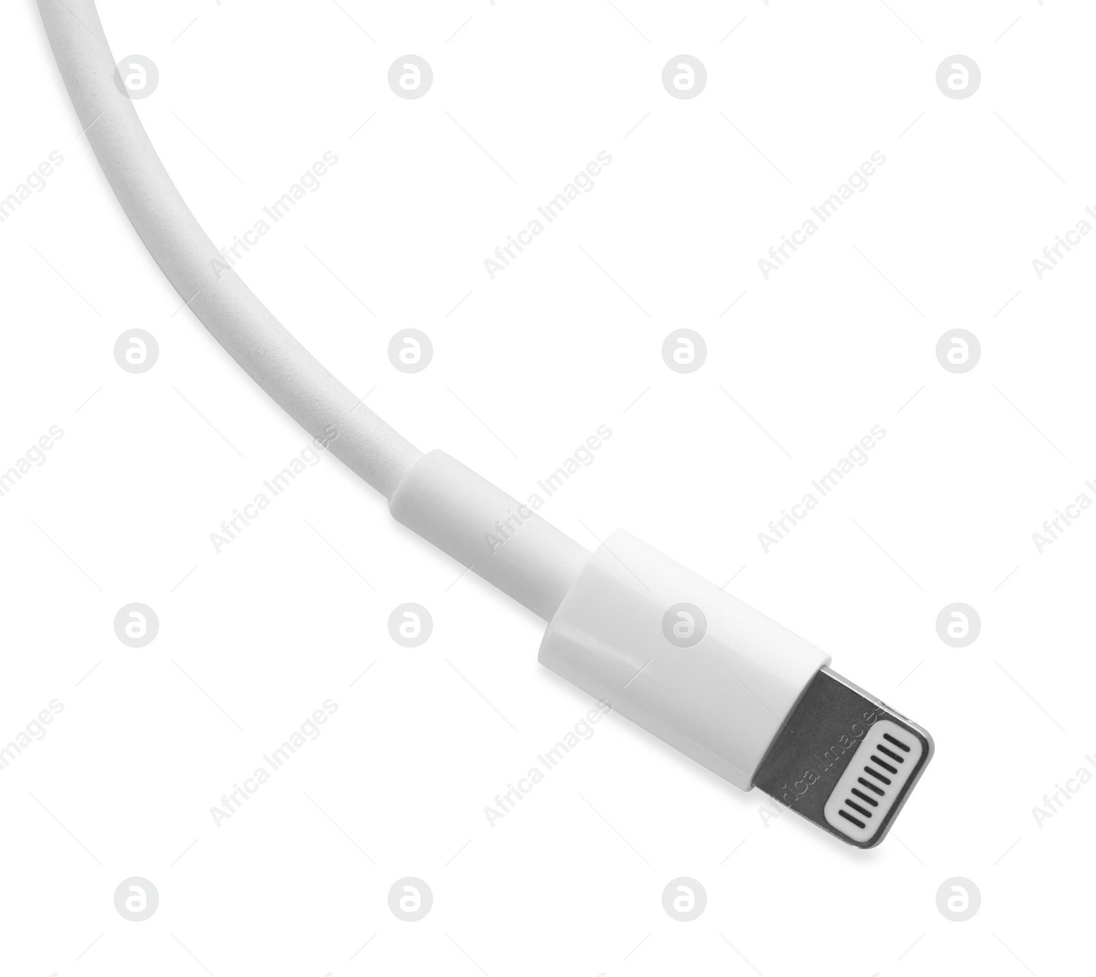 Photo of USB lightning cable isolated on white, top view. Modern technology