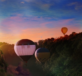 Image of Fantastic dreams. Hot air balloons over forest, beautiful sunset sky