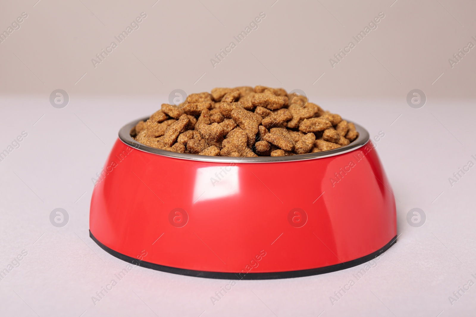 Photo of Dry food in red pet bowl on light surface