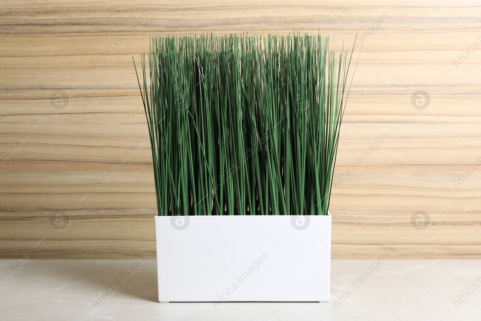 Photo of Artificial plant in flower pot on light grey marble table