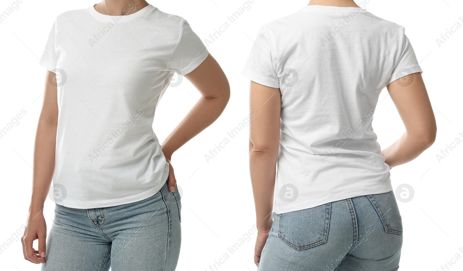 Image of Closeup view of woman in t-shirt on white background, collage. Space for design