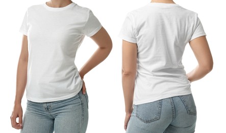 Image of Closeup view of woman in t-shirt on white background, collage. Space for design