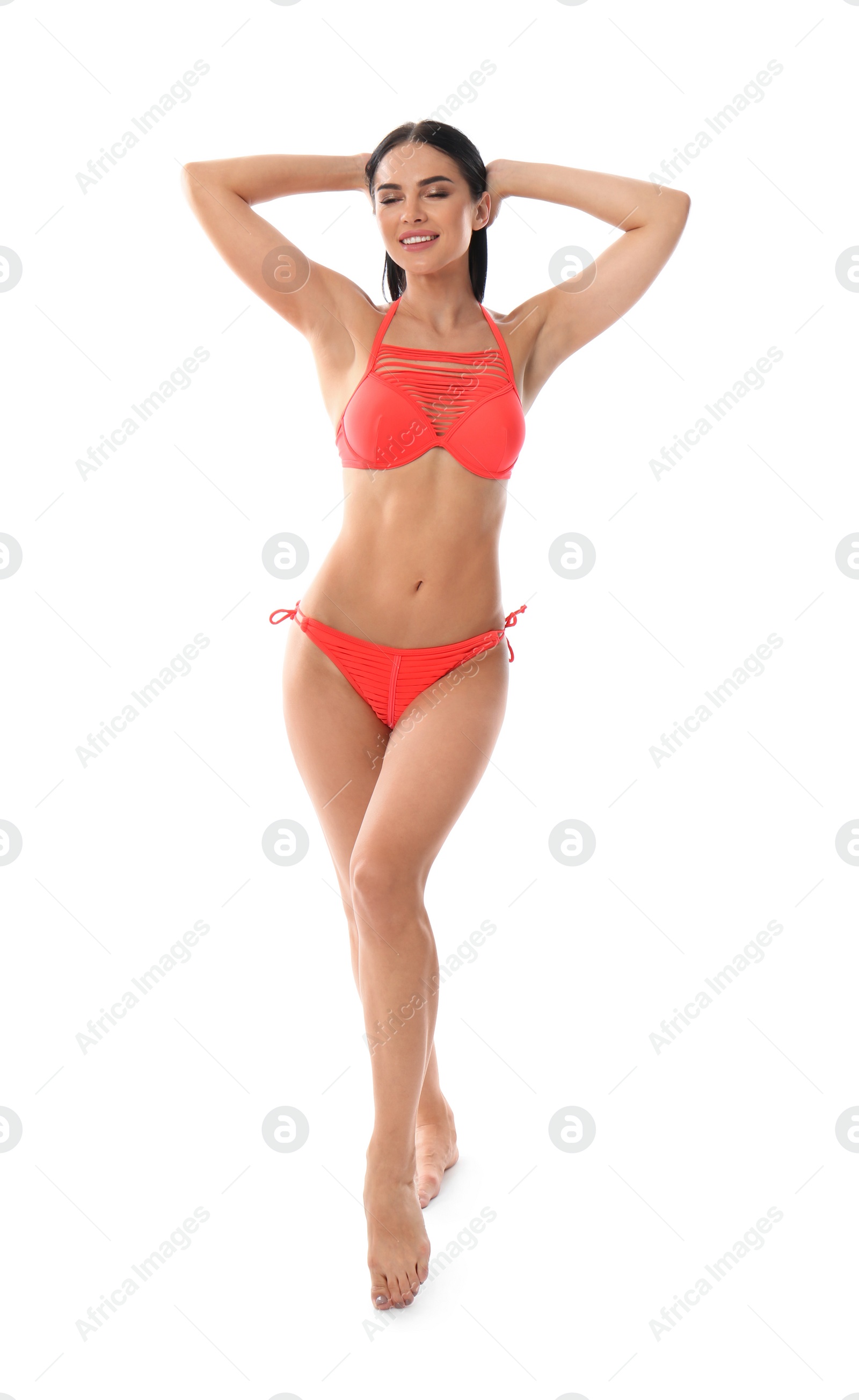 Photo of Beautiful young woman in stylish bikini on white background