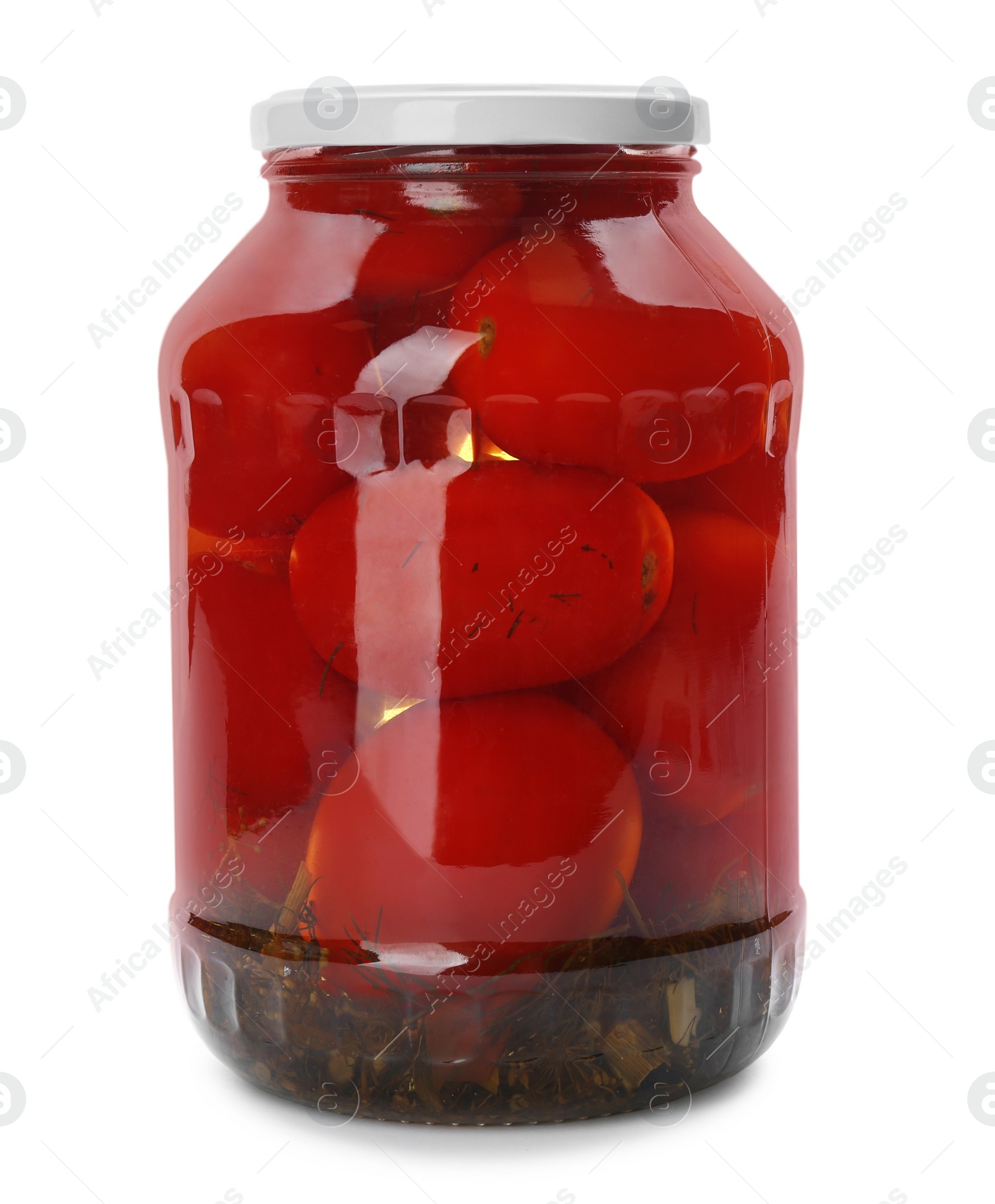 Photo of Glass jar with pickled tomatoes isolated on white