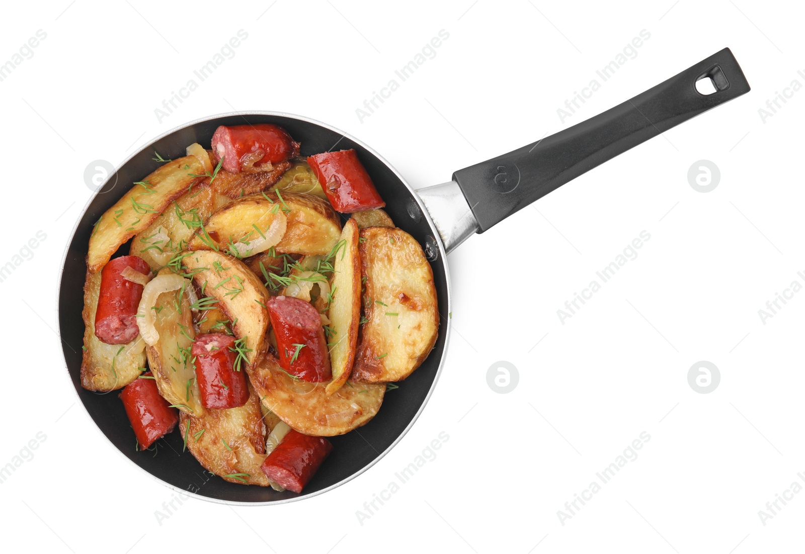 Photo of Fried potatoes with thin dry smoked sausages in frying pan isolated on white, top view