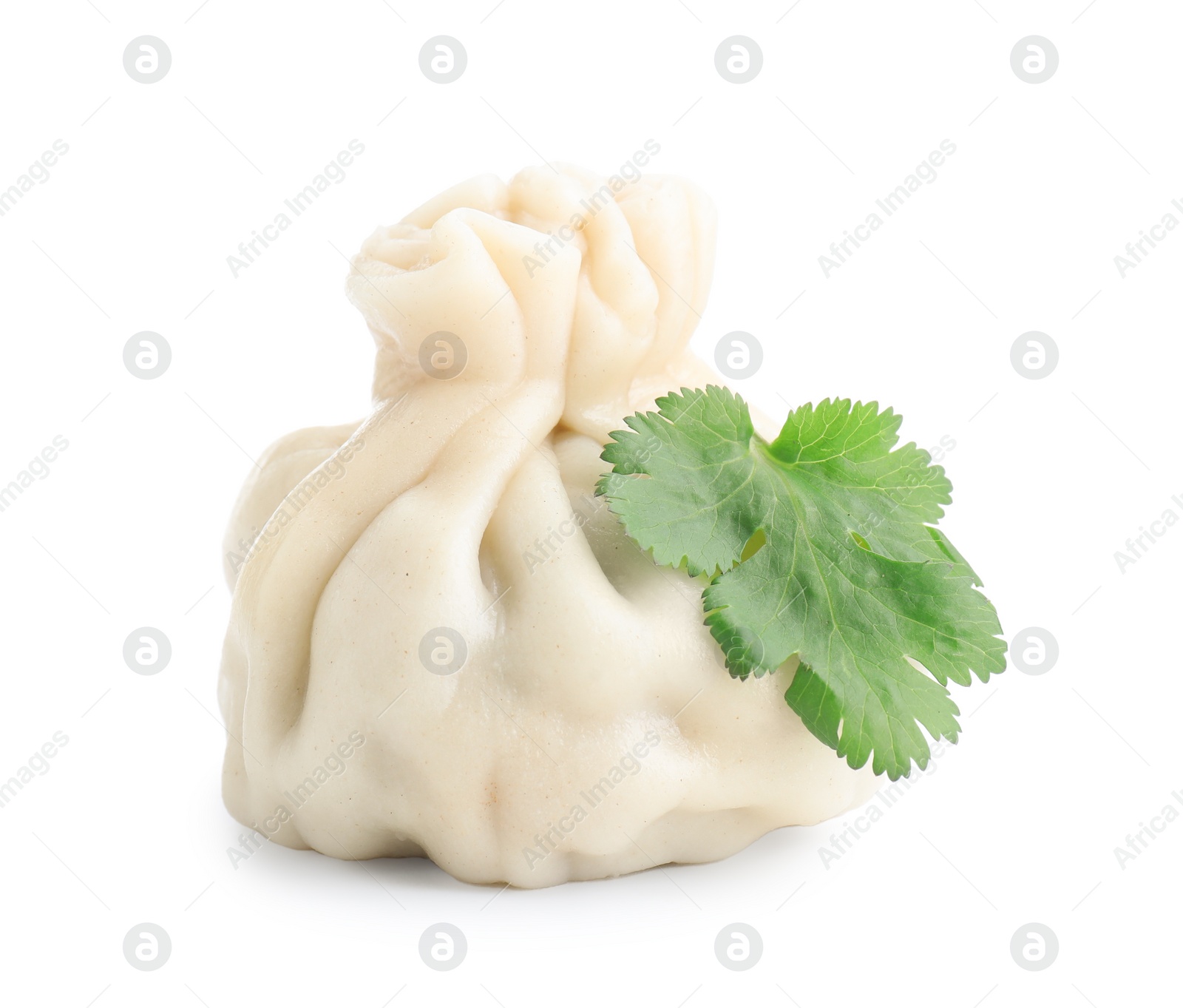 Photo of One tasty fresh khinkali (dumpling) and parsley isolated on white. Georgian cuisine