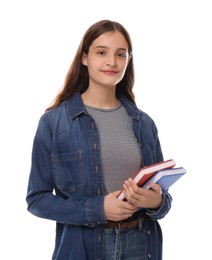 Teenage student with books on white background