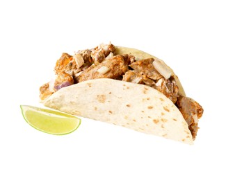 Photo of Delicious taco with meat, onion and lime isolated on white