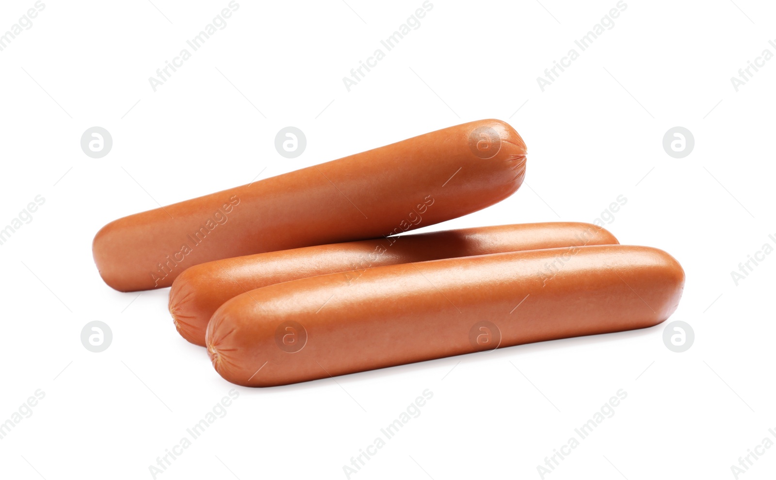 Photo of Fresh raw sausages isolated on white. Ingredients for hot dogs