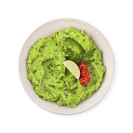 Delicious guacamole served with lime, pepper and parsley isolated on white, top view