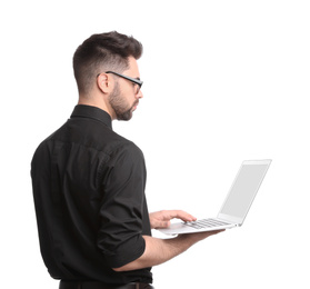 Photo of Young businessman with laptop on white background