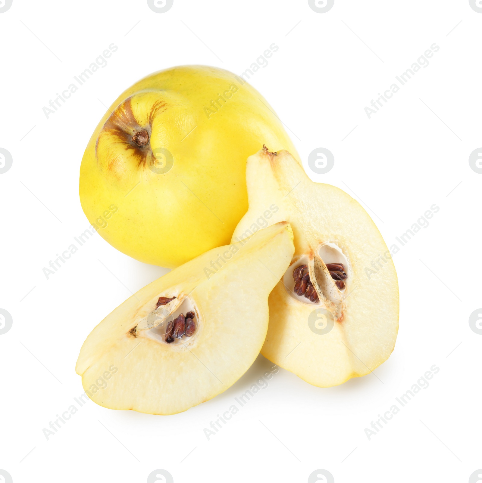 Photo of Ripe whole and cut quinces isolated on white