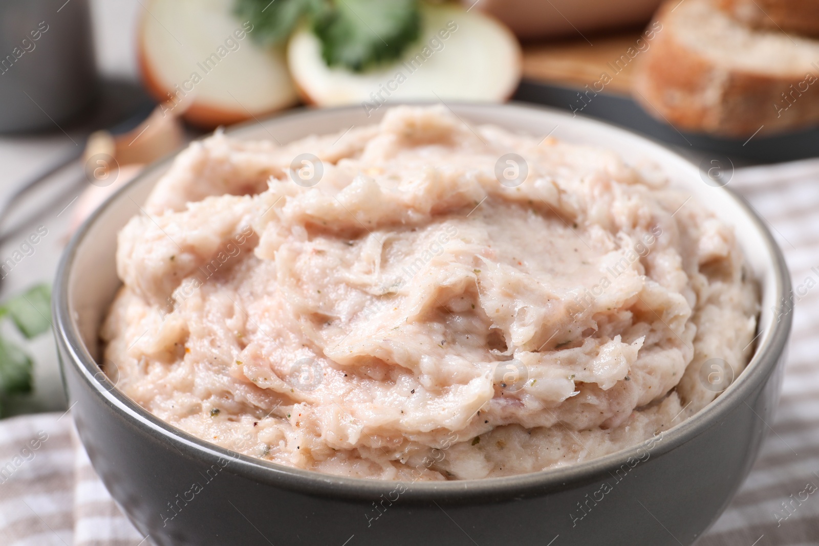 Photo of Delicious lard spread in bowl, closeup view