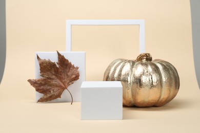 Autumn presentation for product. Geometric figures, golden pumpkin and dry leaf on beige background