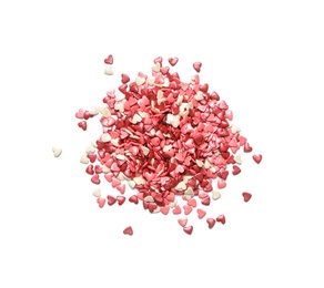 pile of sweet candy hearts on white background, top view