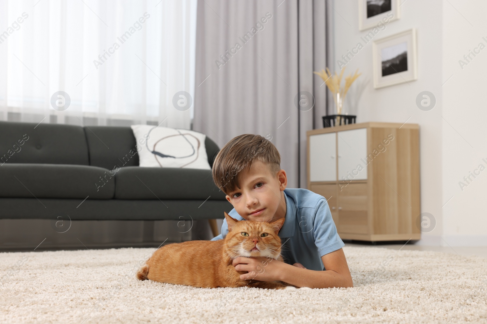 Photo of Little boy with cute ginger cat on soft carpet at home