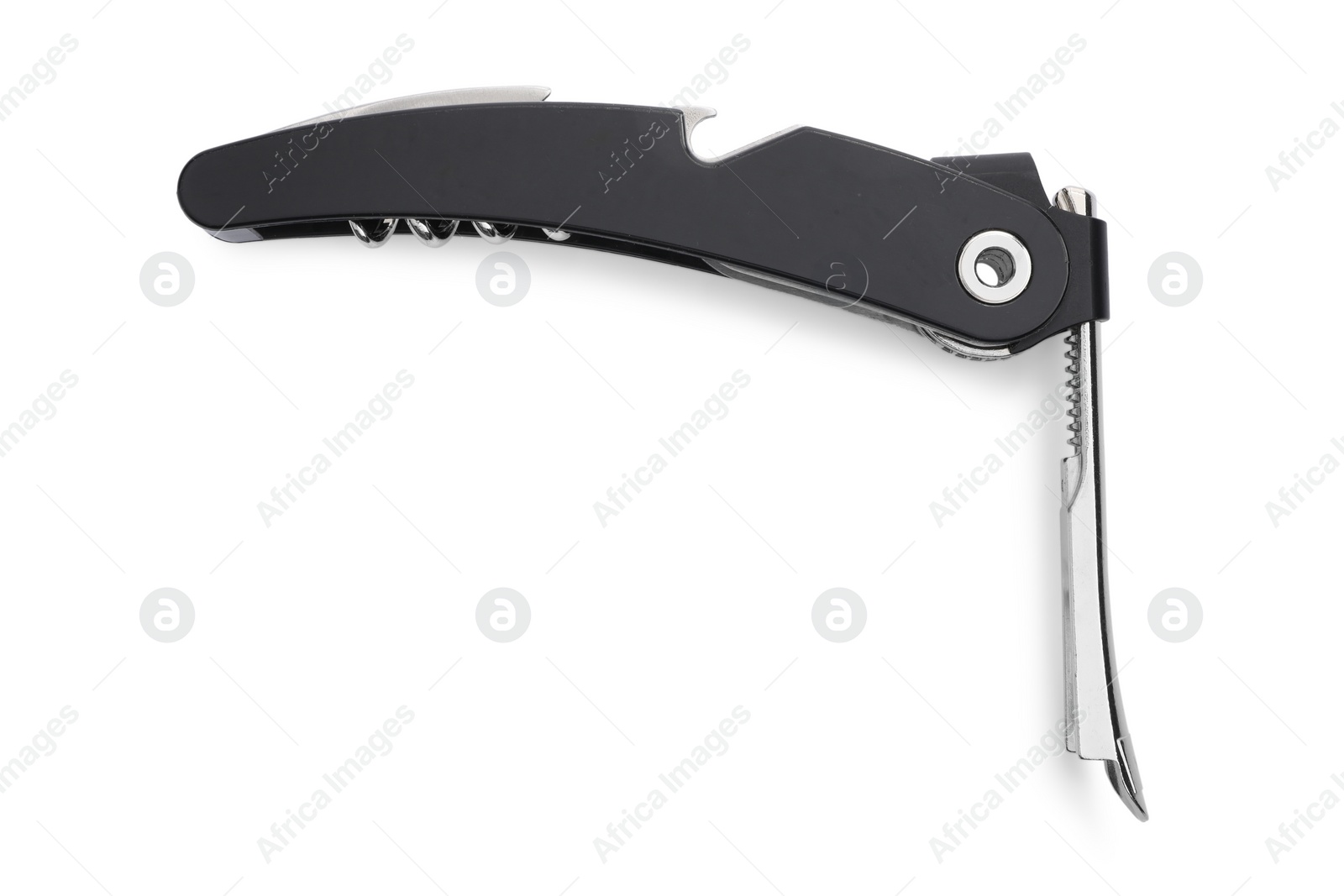 Photo of One corkscrew (sommelier knife) isolated on white, top view