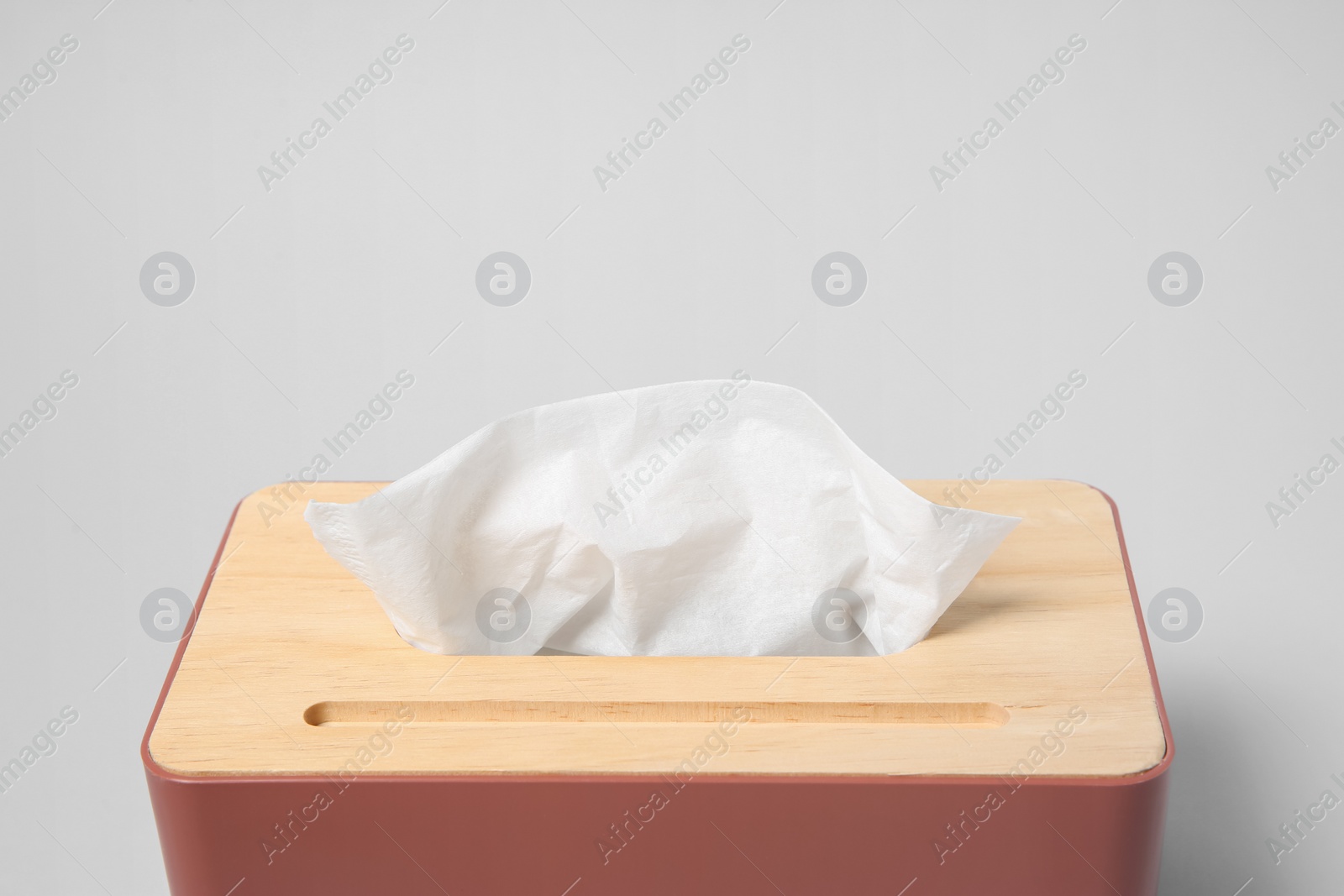 Photo of Holder with paper tissues on light grey background, closeup