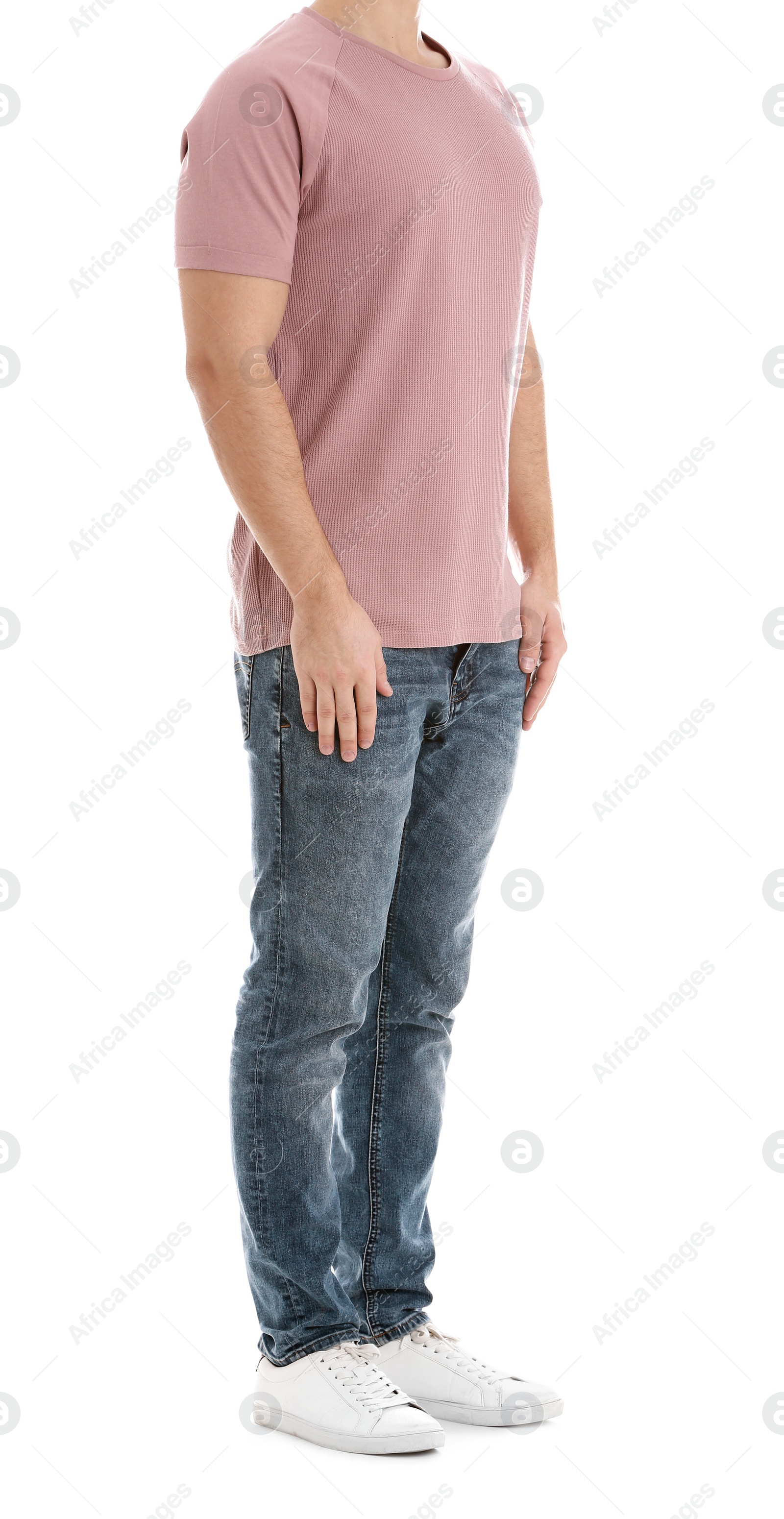 Photo of Young man on white background, closeup. Weight loss