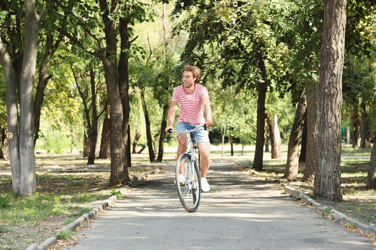 Photo of Handsome man riding bicycle in park on sunny day